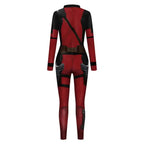 Back view of women’s red Deadpool bodysuit with utility belt to coordinate with Wolverine costume set