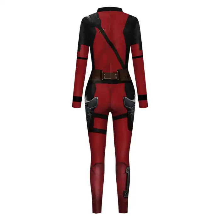 Back view of women’s red Deadpool bodysuit with utility belt to coordinate with Wolverine costume set