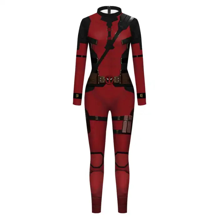 Women’s Deadpool-style suit in red and black with belt and straps to match Wolverine costume styling.