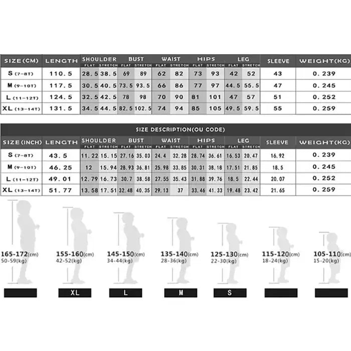 Size chart for Wolverine costume and Deadpool bodysuits showing height, weight, and measurements in cm and inches.