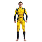 Wolverine costume in yellow with muscle shading and black accents for adult cosplay or comic con events.