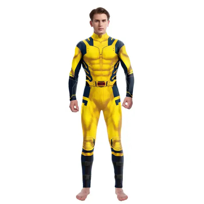 Wolverine costume in yellow with muscle shading and black accents for adult cosplay or comic con events.