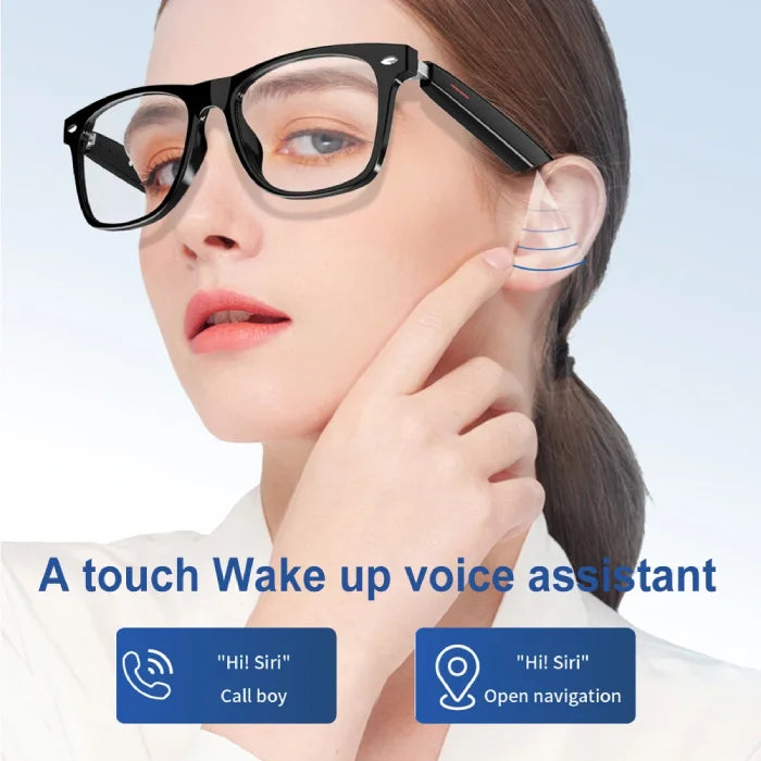 Woman using smart glasses with touch-triggered voice assistant for easy commands.