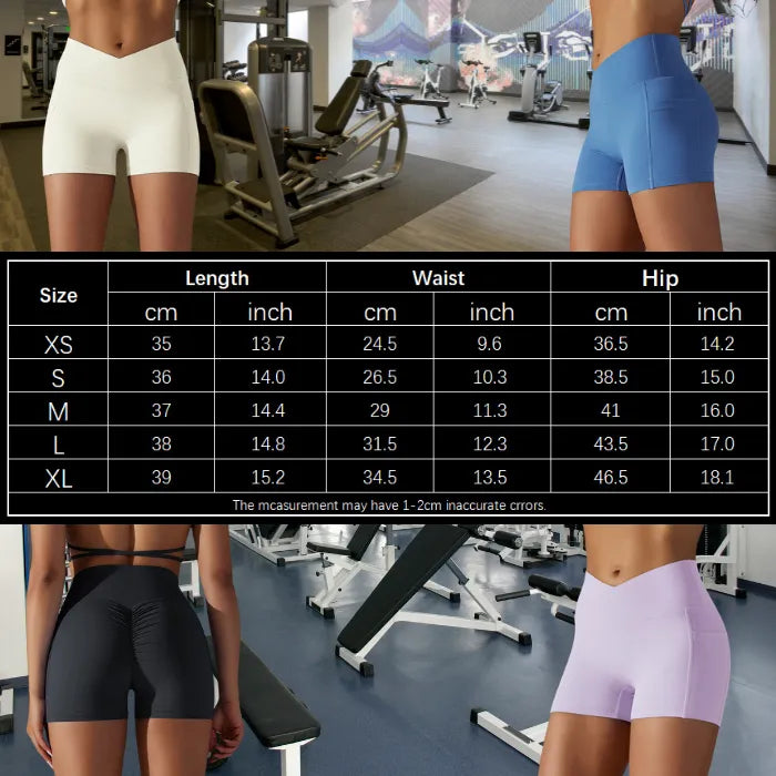 Womans yoga shorts size chart with hip, waist, and length measurements in gym setting with model examples.