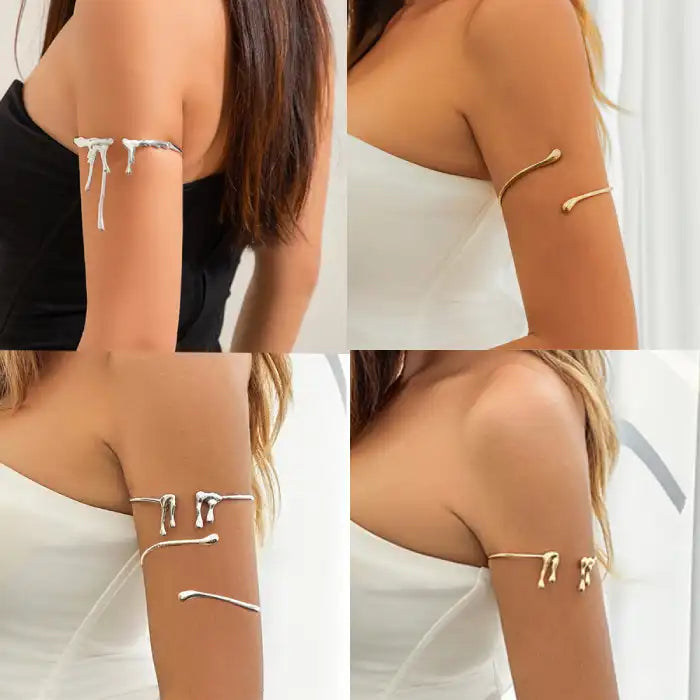 women wearing silver drip metal arm cuff bracelet on upper arm