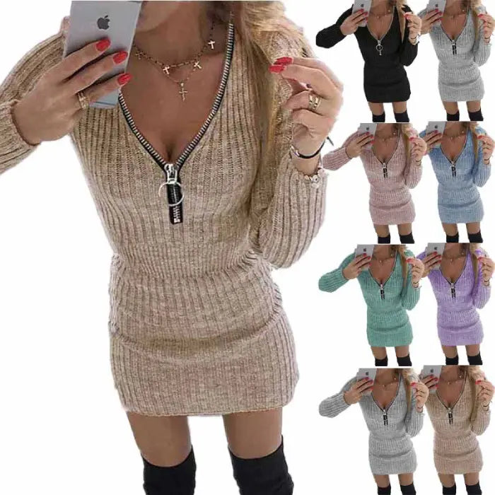 Women knitted sweater dress with zipper detail in beige color, perfect for winter wear.