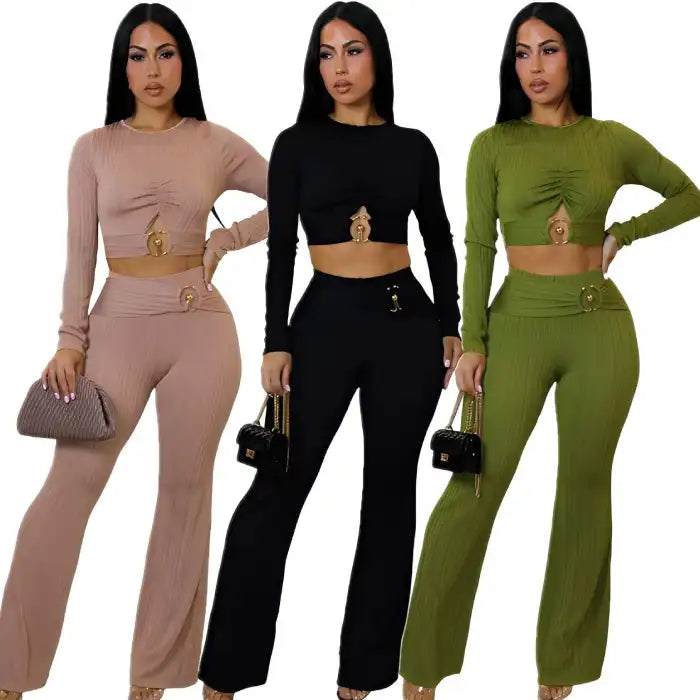 women two piece set ribbed long sleeve crop top with ring detail and high waist wide leg pants in beige set shown.