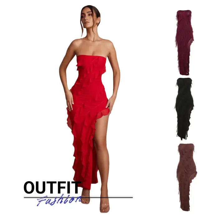 Women's backless, tube top, split tassel party dress in bold red with asymmetric ruffle hem.