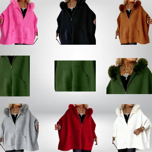 Women’s cape coat collection in multiple colors with fur-trim hoods shown in grid layout, highlighting stylish winter outerwear variety