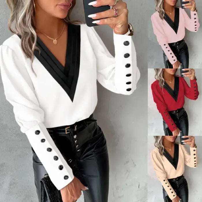 womens contrast v neck long sleeve blouse black trim shown in multiple colors with chic details for stylish outfit inspiration