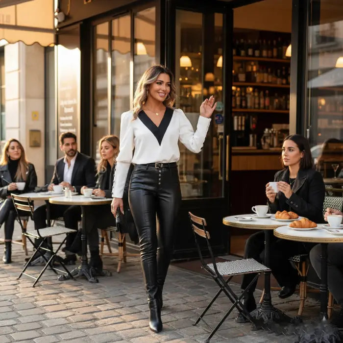 womens contrast v neck long sleeve blouse black trim in white worn outdoors at a cafe creating a chic lifestyle street fashion outfit vibe