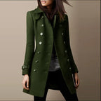 Womens double breasted wool coat in army green with glossy buttons and slim tailoring for polished modern cold-weather style