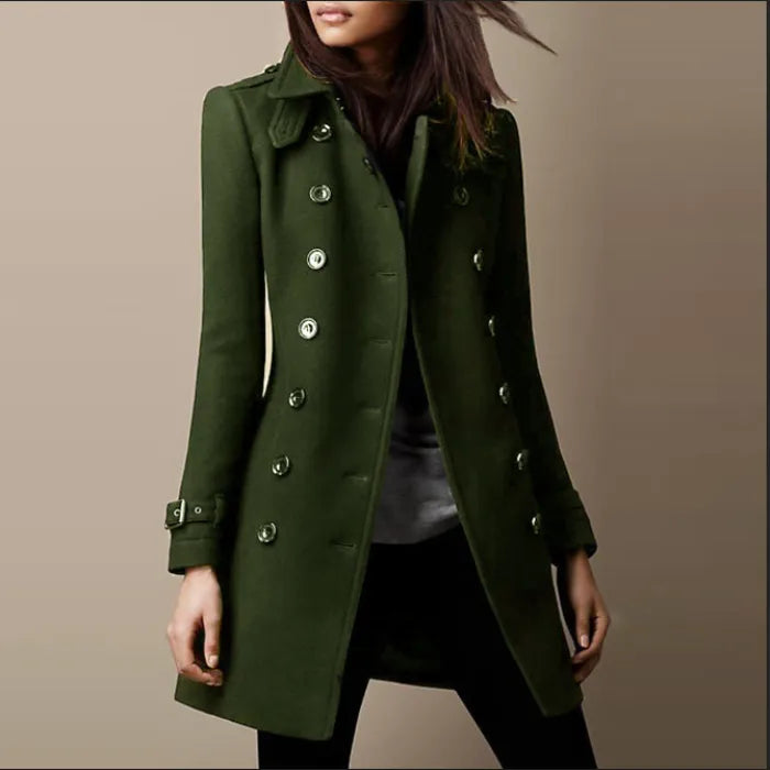 Womens double breasted wool coat in army green with glossy buttons and slim tailoring for polished modern cold-weather style