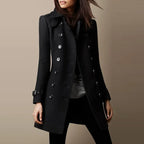 Womens double breasted wool coat in jet black with polished buttons and fitted silhouette for sleek everyday chic winter style