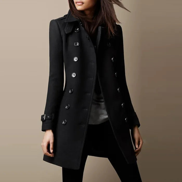 Womens double breasted wool coat in jet black with polished buttons and fitted silhouette for sleek everyday chic winter style