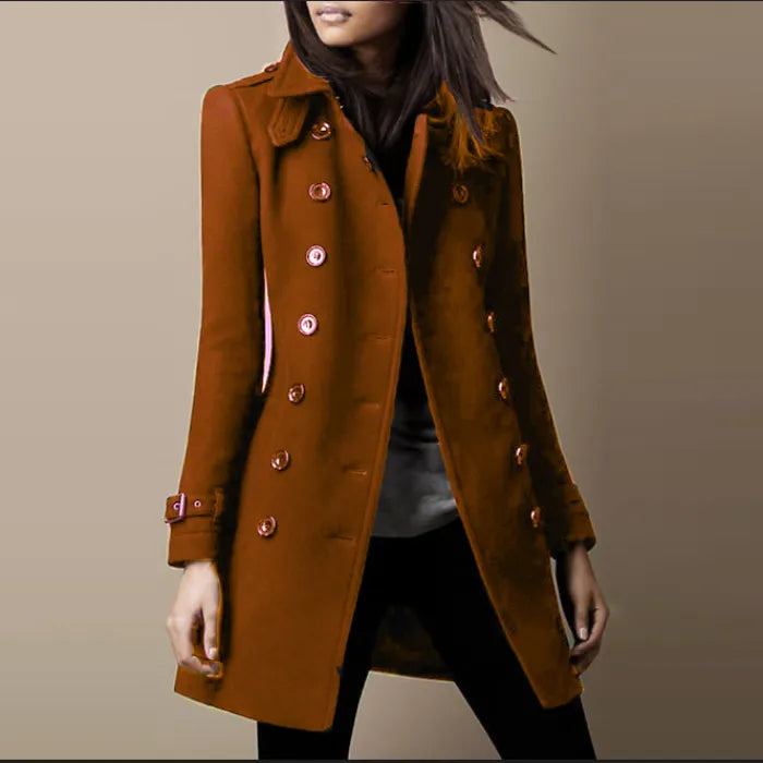 Womens double breasted wool coat in warm brown with bright buttons and tailored shape offering stylish comfort for cool days