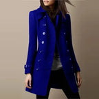 Womens double breasted wool coat in royal blue with polished buttons and tailored fit offering elegant stylish cold-season wear