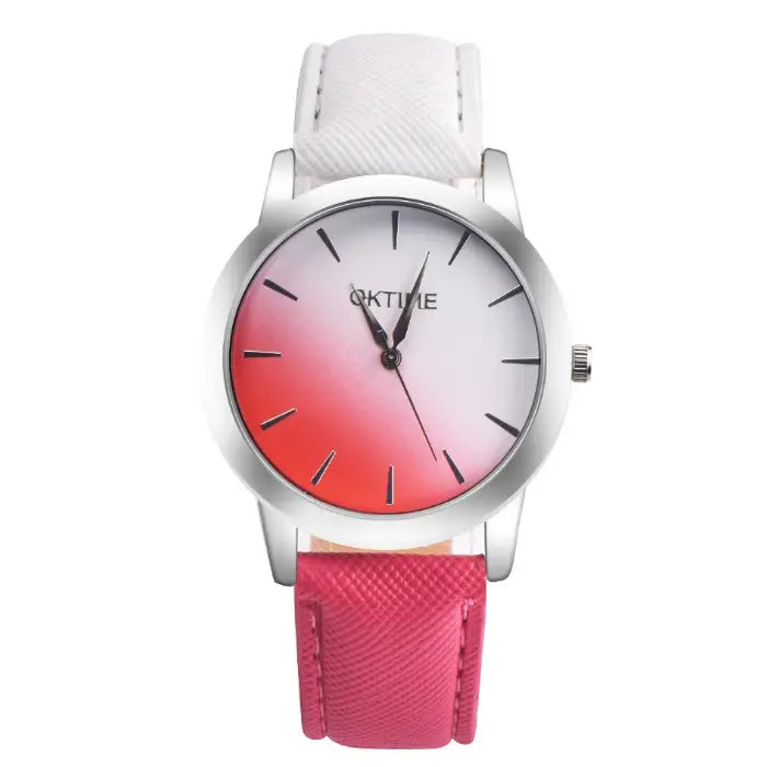 Modern women's watch featuring red to white gradient dial, silver case, and white leather band