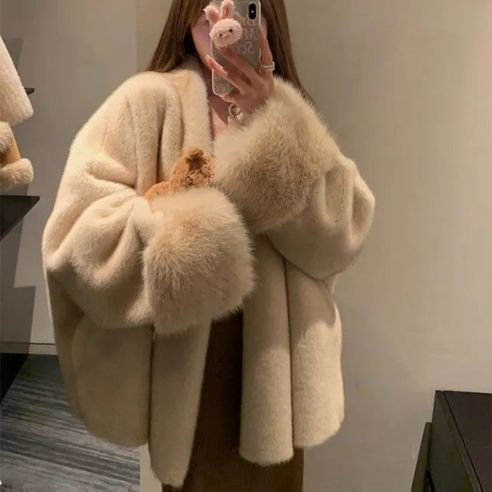 womens faux fur coat in soft beige with oversized plush sleeves styled for cozy winter warmth and elegant everyday luxury wear