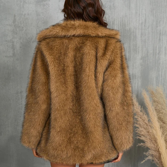 Womens Faux Fur Coat back view in warm brown showcasing full coverage plush faux fur design for cold weather comfort