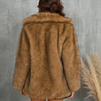 Womens Faux Fur Coat back view in warm brown showcasing full coverage plush faux fur design for cold weather comfort