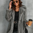 Womens Faux Fur Coat close-up showing premium gray faux fur texture styled for warmth comfort and elevated cold weather fashion