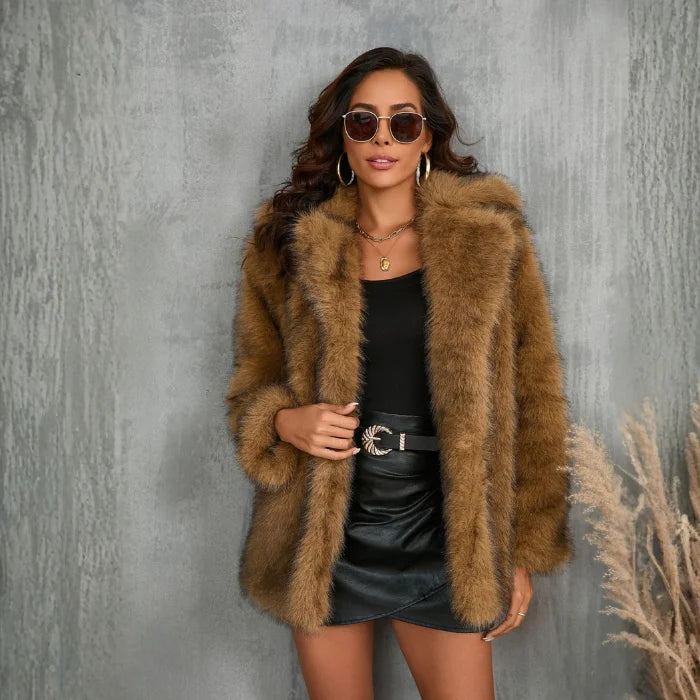 Womens Faux Fur Coat in rich brown faux fur styled with black skirt creating a warm luxurious and stylish winter outfit