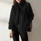 women’s faux fur jacket in black with high collar and soft textured finish