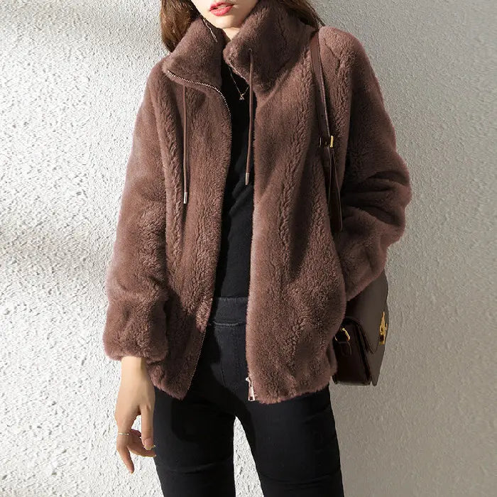 women’s faux fur jacket in brown featuring soft plush fabric and zip front