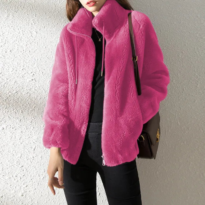 women’s faux fur jacket in bold fuchsia with soft plush material