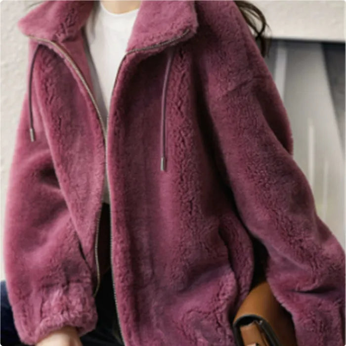 women’s faux fur jacket in deep mauve highlighting soft textured fabric