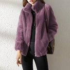 women’s faux fur jacket in purple with high collar and cozy fleece style