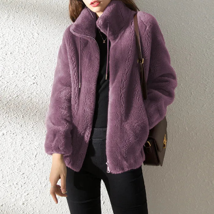 women’s faux fur jacket in purple with high collar and cozy fleece style