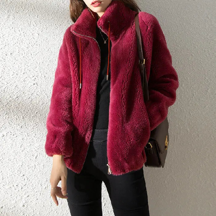 women’s faux fur jacket in wine red with plush texture and zip closure