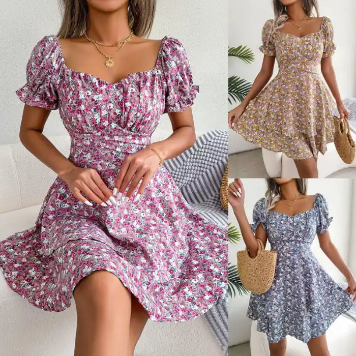 Women's flower print mini dress in pink, yellow, and blue variants styled in bright indoor setting.
