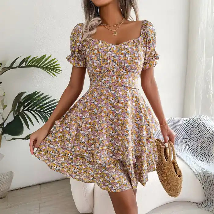  Women’s flower print mini dress paired with woven handbag, featuring puff sleeves and flared silhouette.