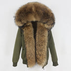 Womens fox fur parka with oversized hood in army green with natural fur, delivering rugged luxury and warm seasonal protection