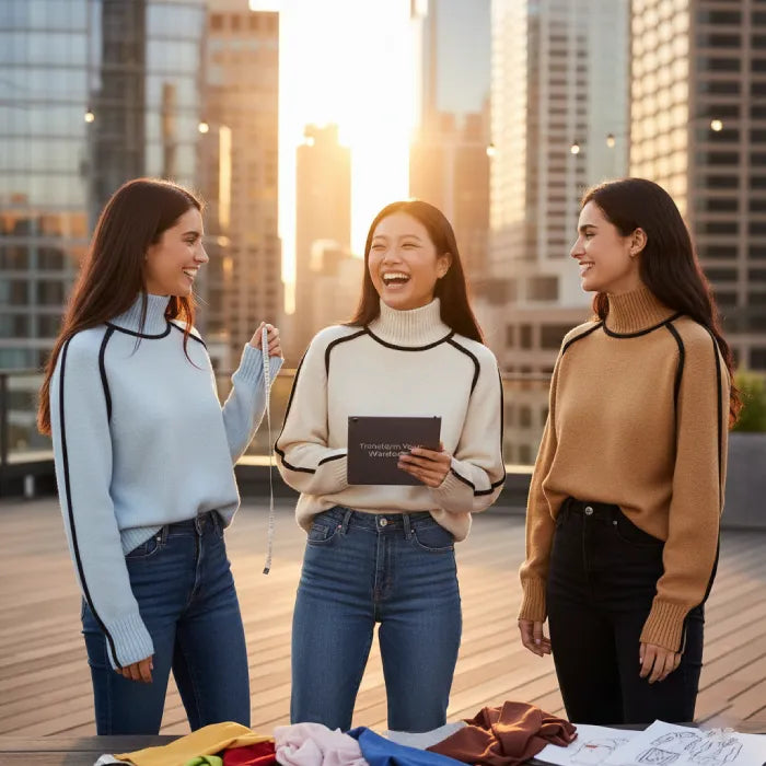 Women's Half Turtleneck Sweaters in light blue, ivory, and camel worn by group outdoors in city setting.