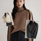 Women's Half Turtleneck Sweaters in camel, ivory, and dark grey colors shown in collage format.