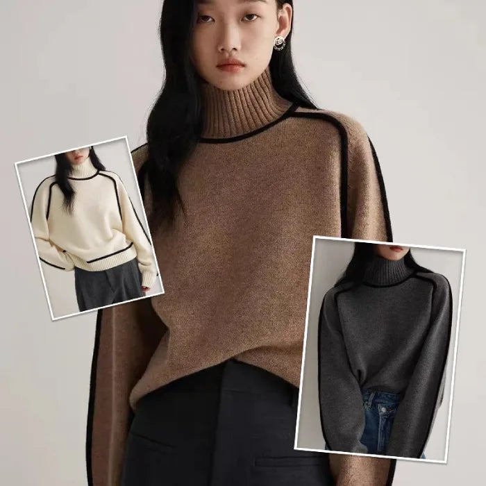 Women's Half Turtleneck Sweaters in camel, ivory, and dark grey colors shown in collage format.