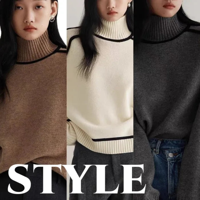 Side-by-side preview of Women's Half Turtleneck Sweaters in camel, ivory, and grey with bold contrast trim.