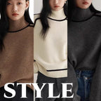 Side-by-side preview of Women's Half Turtleneck Sweaters in camel, ivory, and grey with bold contrast trim.