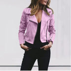 womens lapel pink suede moto jacket styled with black top and slim pants.