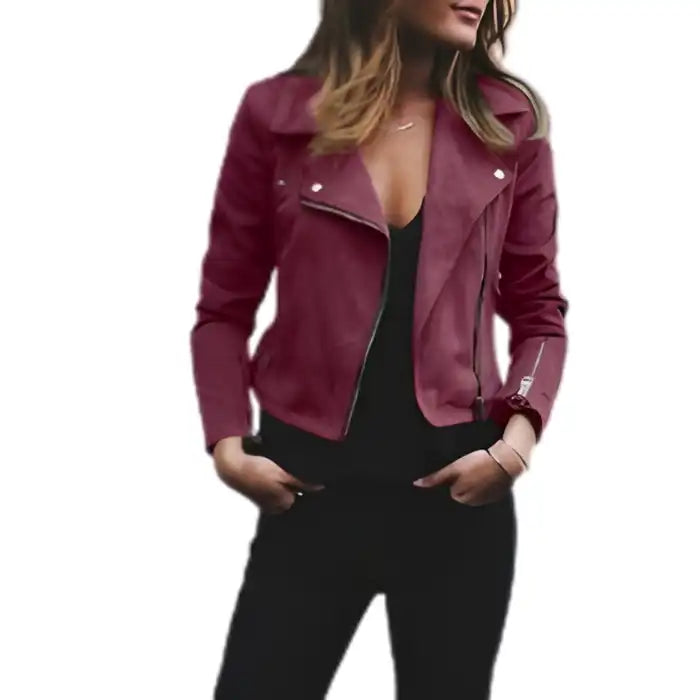 .womens lapel red suede moto jacket featuring zipper accents and fitted moto design