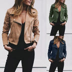 .womens lapel suede moto jackets in tan, green, and navy displayed on model with zipper details.