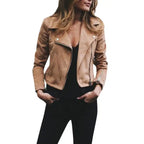 .womens lapel tan suede moto jacket featuring angled zipper and fitted silhouette on model.