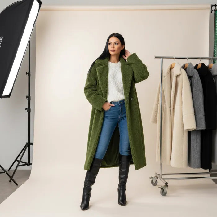 women's long oversized coat styled in green wool studio look with knee high boots offering warm elegant winter layering