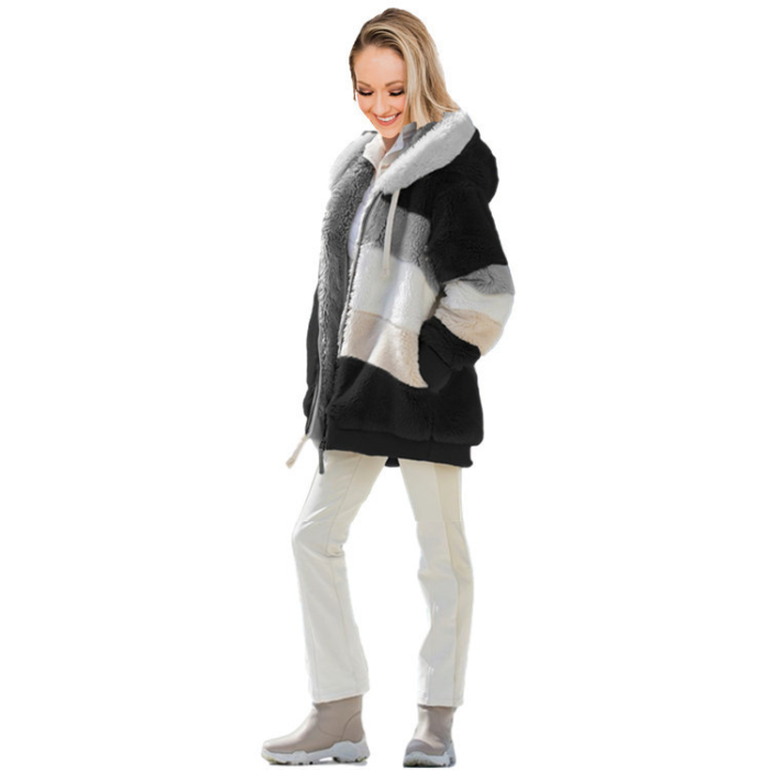 womens loose plush multicolor hooded jacket in black grey and white blocking
