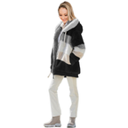womens loose plush multicolor hooded jacket in black grey and white blocking