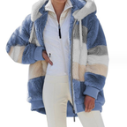 womens loose plush multicolor hooded jacket in soft blue cream and grey
